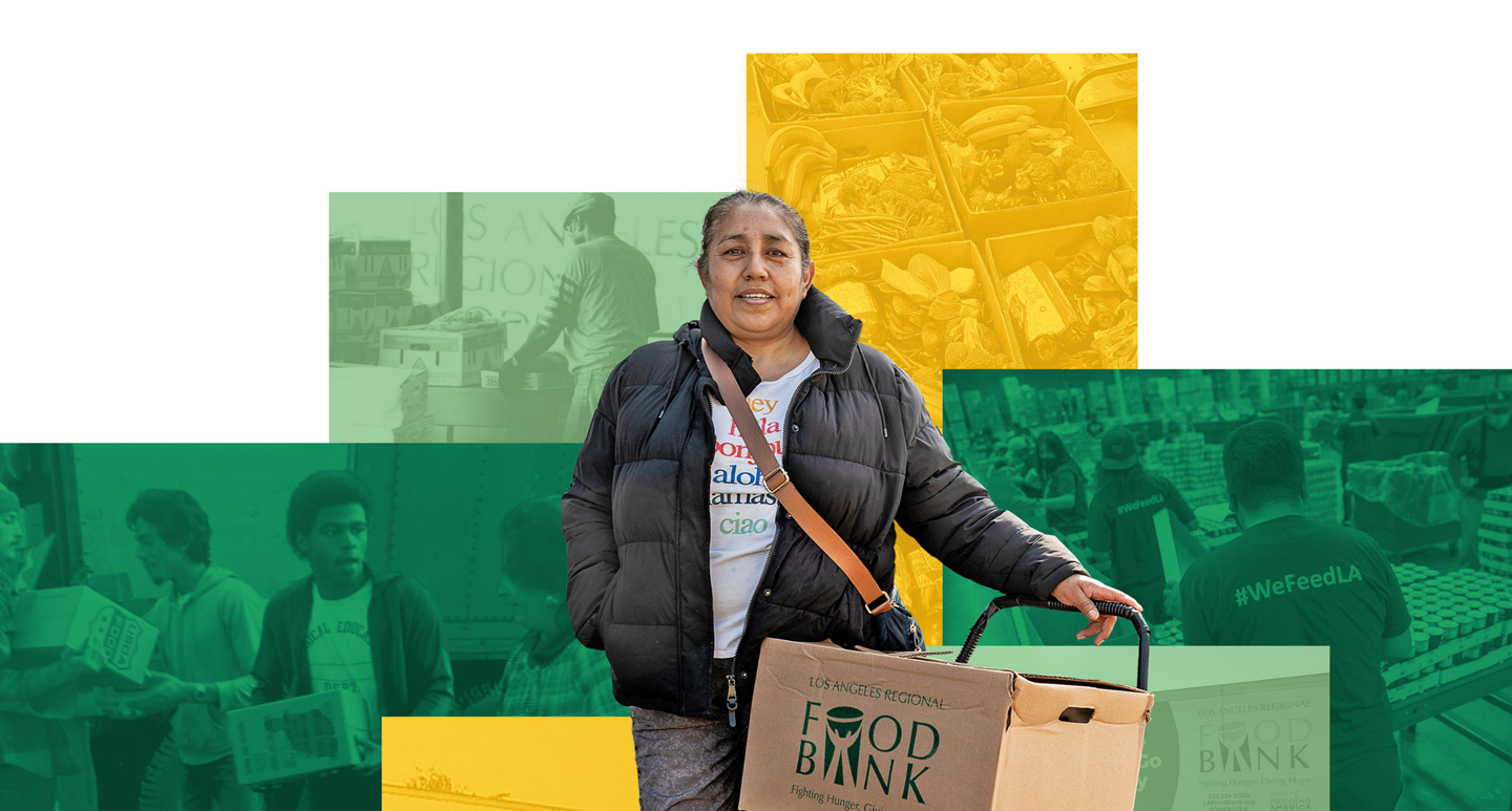 A person stands holding a cardboard box labeled "Los Angeles Regional Food Bank." The background features images of volunteers distributing food and various food items. The colors are a blend of green and yellow.