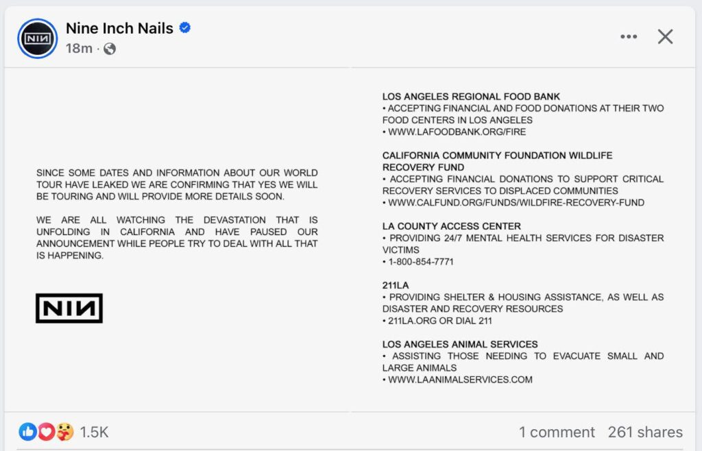 Nine Inch Nails post in support of the LA Regional Food Bank during the Greater LA Wildfires