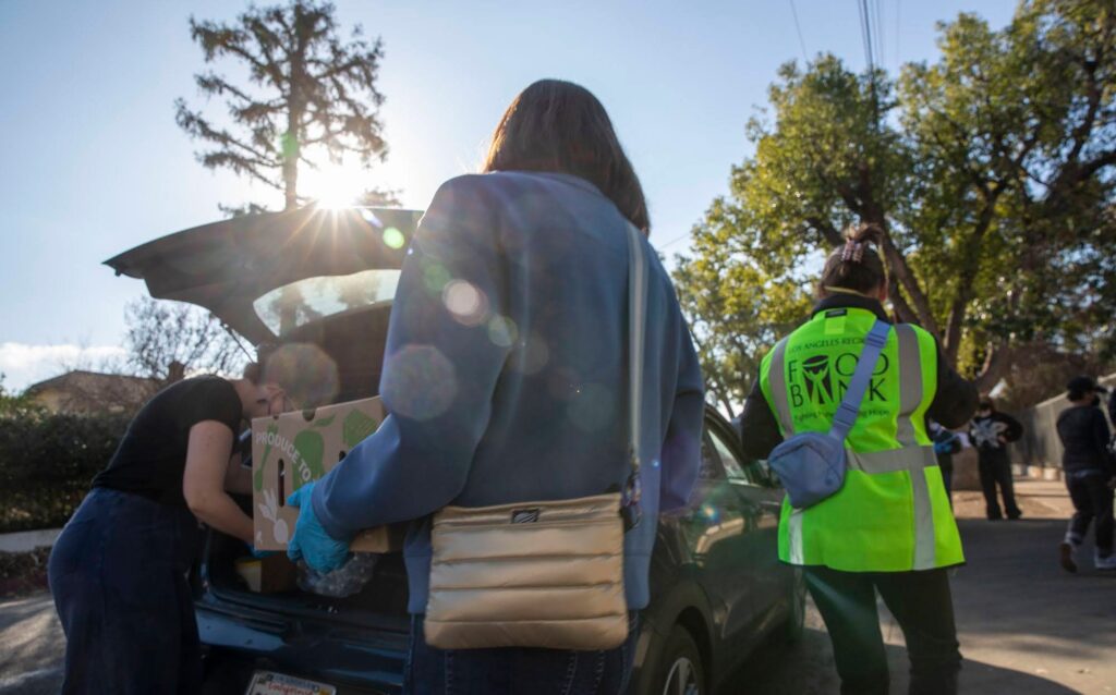 Two people load boxes into an open car trunk under a bright sun. One wears a blue jacket, the other in a neon safety vest labeled 