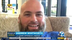 Andrew Whitworth donating to LA Regional Food Bank on ABC7